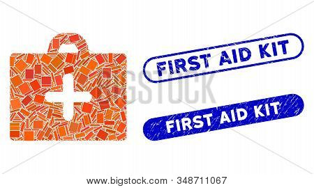 Collage First Aid And Distressed Stamp Seals With First Aid Kit Text. Mosaic Vector First Aid Is Des