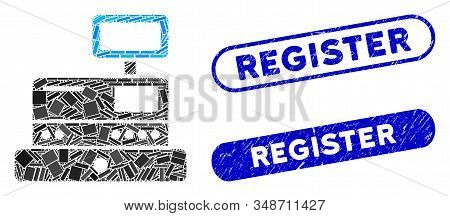 Mosaic Cash Register And Corroded Stamp Seals With Register Caption. Mosaic Vector Cash Register Is 