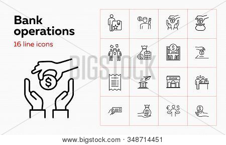 Bank Operations Icons. Set Of Line Icons. Money Exchange, Savings, Investment. Accounting Concept. V