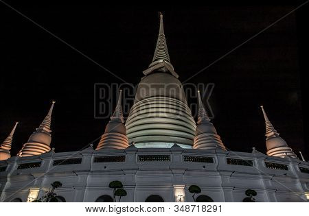 Bangkok, Thailand - 25 Jan 2020 : Phra Borommathat Maha Chedi, The Main Big White Pagoda At Night Th