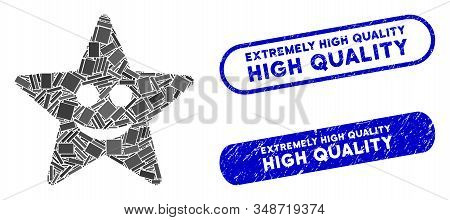 Mosaic Happy Star And Grunge Stamp Watermarks With Extremely High Quality Caption. Mosaic Vector Hap