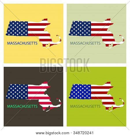 Massachusets State Of America With Map. Flag Print On Map Of Usa For Geographic Themes. Map Of Massa