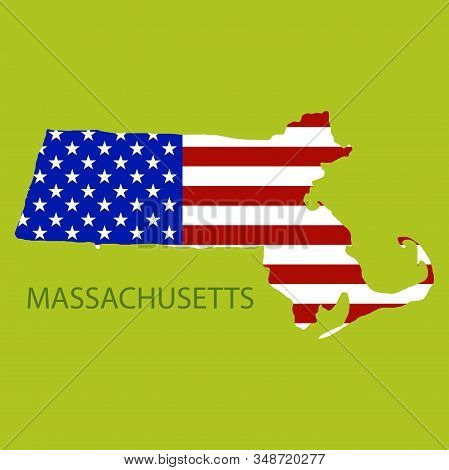 Massachusets State Of America With Map. Flag Print On Map Of Usa For Geographic Themes. Map Of Massa