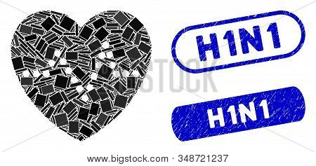 Mosaic Heart Pulse And Rubber Stamp Seals With H1n1 Phrase. Mosaic Vector Heart Pulse Is Created Wit