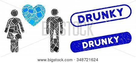 Mosaic Drunky Love Pair And Rubber Stamp Seals With Drunky Caption. Mosaic Vector Drunky Love Pair I