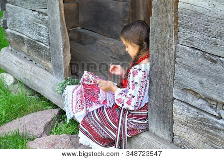 Girl Embroidery Rushnik.hands Of Girl Woman Female In Ukrainian Traditional Shirt Sewing Embroidery 