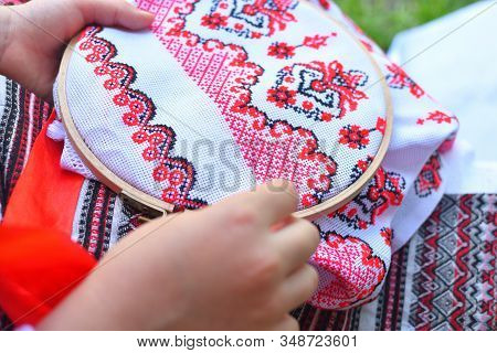 Girl Embroidery Rushnik.hands Of Girl Woman Female In Ukrainian Traditional Shirt Sewing Embroidery 