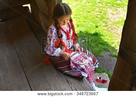 Girl Embroidery Rushnik.hands Of Girl Woman Female In Ukrainian Traditional Shirt Sewing Embroidery 