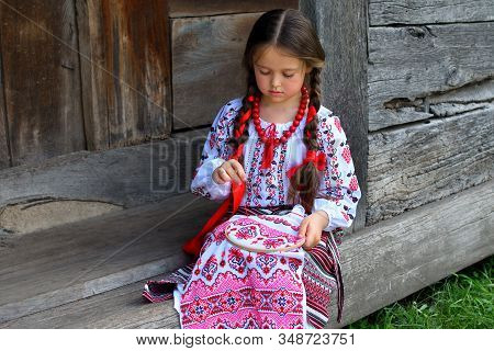 Girl Embroidery Rushnik.hands Of Girl Woman Female In Ukrainian Traditional Shirt Sewing Embroidery 