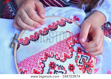 Girl Embroidery Rushnik.hands Of Girl Woman Female In Ukrainian Traditional Shirt Sewing Embroidery 