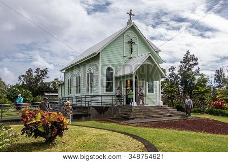 Kalapana, Hawaii, Usa. - January 14, 2020: Mary, Star Of The Sea Light Green Wooden Catholic Church 