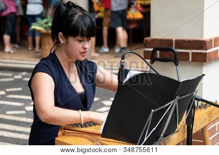 Madeira, Portugal, August 27, 2018: A Pretty Young Woman Plays The Zither On The Street. Selective F