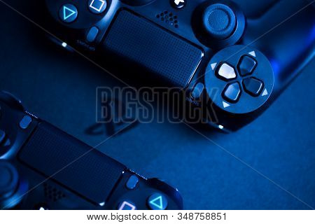 Russia, Oktober 24 2019: Ps4 Console Background. Playstation 4 Controllers. Sony Gaming Console - Im