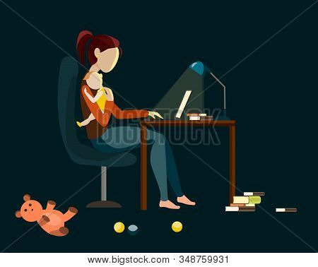 Young Mother Freelancer Uses A Computer And Holds Her Child In Her Arms. Independent Business Mother
