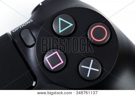 Russia, Oktober 24 2019: Ps4 Console Background. Playstation 4 Controllers. Sony Gaming Console - Im