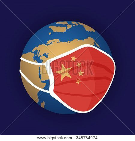 Stylized Globe In Blue And Yellow Colours Wearing Medical Mask With Flag Of China Over The Chinese T