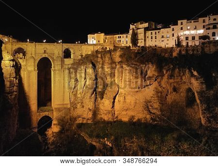 Aerial Photo Drone Point Of View Huge Gorge And Ancient Architecture, City Street Lights Night View 