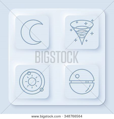 Set Line Moon And Stars, Black Hole, Solar System And Death Star. White Square Button. Vector