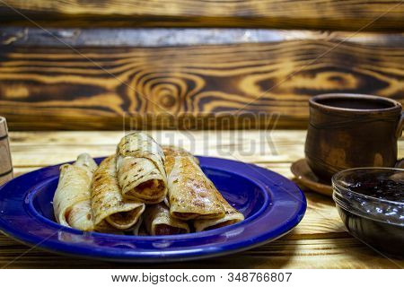 Pancakes With Jam For Shrovetide, 2020 Trend Color,foreground Focus, Selective Focus