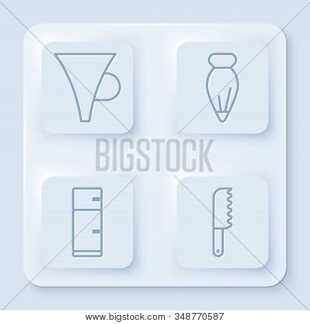 Set Line Funnel Or Filter, Pastry Bag For Decorate Cakes, Refrigerator And Bread Knife. White Square