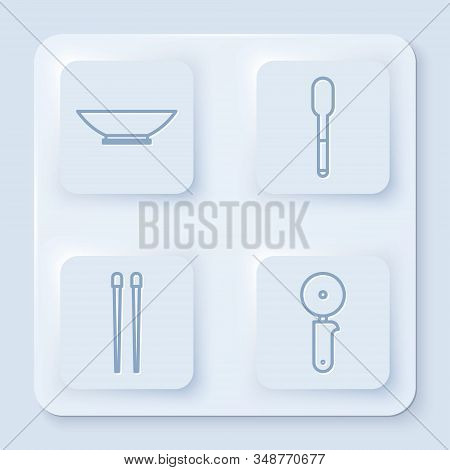 Set Line Bowl, Spoon, Food Chopsticks And Pizza Knife. White Square Button. Vector
