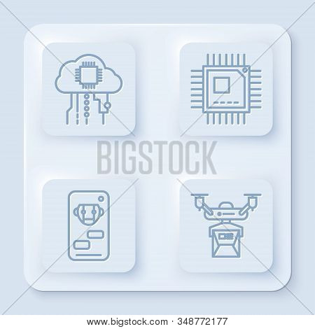 Set Line Internet Of Things, Processor With Microcircuits Cpu, Bot And Drone Delivery Concept. White