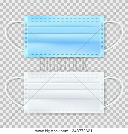 Surgical Protective Blue And White Mask, Isolated On Transparent Background. Vector 3d Realistic Ill