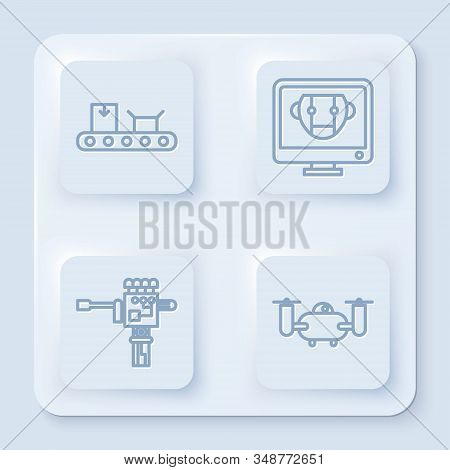 Set Line Conveyor Belt With Cardboard Box, Bot, Mechanical Robot Hand And Screwdriver And Drone Flyi