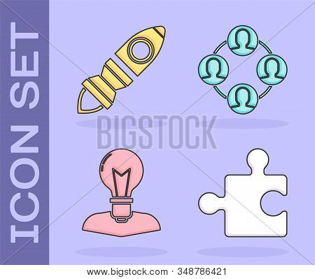 Set Piece Of Puzzle, Rocket Ship With Fire, Human Head With Lamp Bulb And Project Team Base Icon. Ve