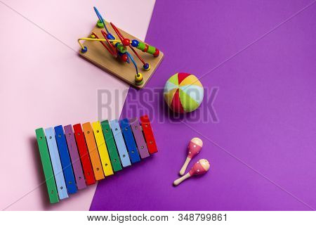 Kids Educational Developing Toys Frame On White Background. Top View. Flat Lay. Copy Space For Text