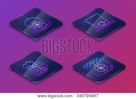 Set Isometric Line Leprechaun Hat And Four Leaf Clover, Wooden Beer Mug, Leprechaun Hat And Saint Pa