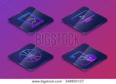 Set Isometric Line Picture Landscape, Basketball Ball, Online Play Video And Casino Chip And Playing