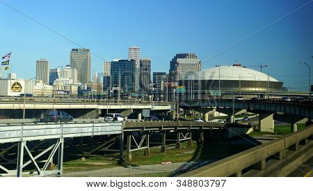 New Orleans, Louisiana, U.s.a - February 2, 2020 - The View Of The Traffic, Buildings And Superdome 
