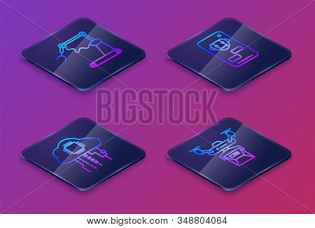 Set Isometric Line Industrial Machine Robotic Robot Arm Hand Factory, Internet Of Things, Bot And Dr