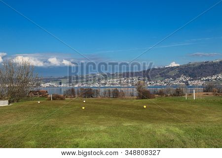 Gold Course Over The Lake Zug, Calm Scene In Park In Zug, Switzerland