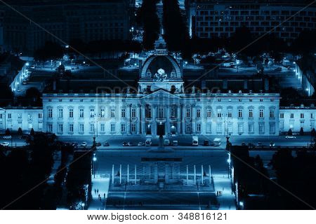 PARIS, FRANCE - MAY 13: Historical Ecole Militaire complex at night on May 13, 2015 in Paris. With the population of 2M, Paris is the capital and most-populous city of France