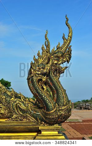 Phayanak On The Sky Background. Buddhist Art At Sirindhorn Wararam Temple, Ubon Ratchathani Province