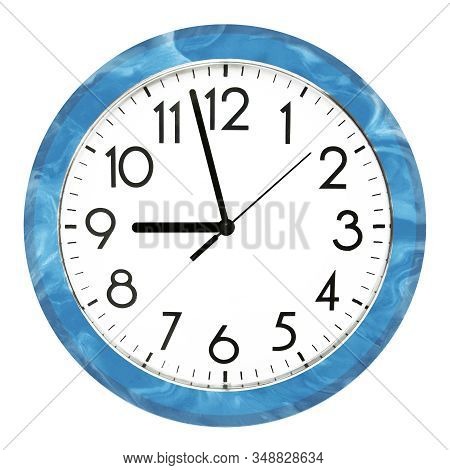 Blue Wall Clock. Isolated On White Background. High Quality Photo.