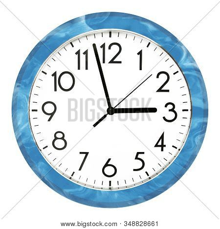 Blue Wall Clock. Isolated On White Background. High Quality Photo.