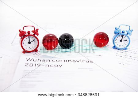 Medicine Documents With Small Glass Balls On It. Abstract Photo Of Illness Time.