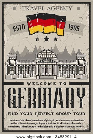 Welcome To Germany, Berlin City Tours And Group Travel Agency Retro Vintage Poster. Vector German Fl