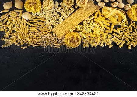 Italian Pasta Design Template With Copy Space, A Flat Lay Of A Variety Of Pasta Types, Shot From The