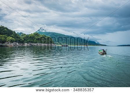 Beautiful Nature Scenic Landscape With Mountain Range Clear View On Blue Sky And Traditional Thai Bo