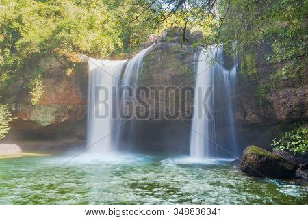 Beautiful Waterfall With Sunlight In Jungle, Haew Suwat Waterfall At Khao Yai Nakhonratchasima Provi