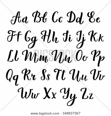 Hand Lettering. Calligraphic Alphabet Script Letters Black Ink Brush Material Vector Hand Drawn Lett