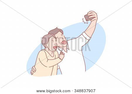 Selfie, Fatherhood Concept. Father And Son Are Taking Selfie With Smile. Man And Boy Are Hugging Or 