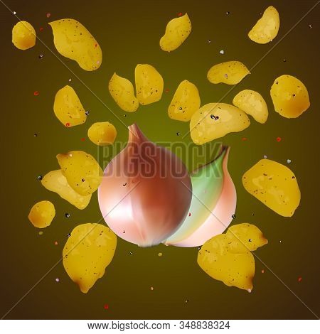 Ralistic Potato Chips. Vector Illustration. Snack Product. Taste Of Onions.