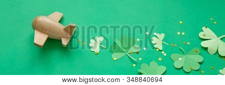 St. Patricks Day, Plane Luck Shamrock On A Green Background