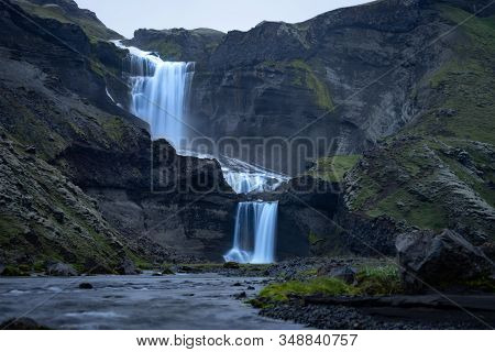 Two-tiered Waterfall Ofaerufoss In The Eldgja Canyon, In The Central Iceland