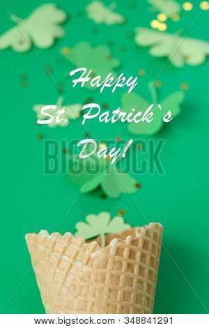 St. Patricks Day, Waffle Cone With Shamrock On A Green Background